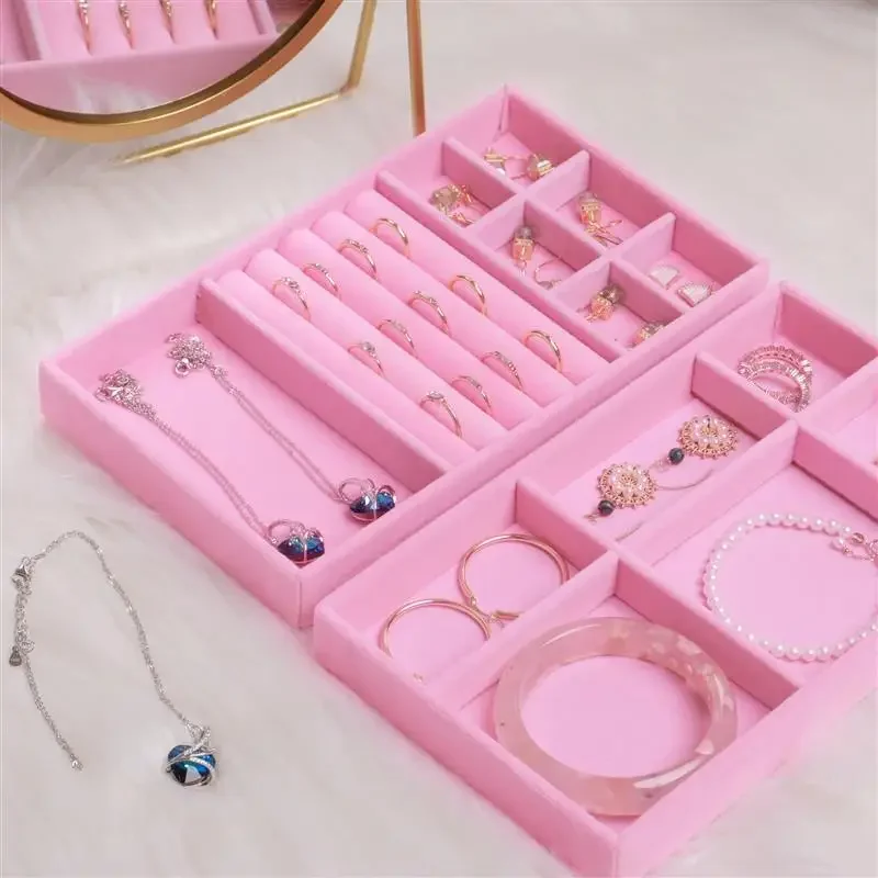Upgrade Velvet Jewelry Storage Box Necklace Stackable Display Tray Bracelet Earring Organizers DIY Handicrafts Drawer Box Grey thumbnail 5