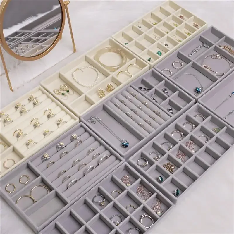 Upgrade Velvet Jewelry Storage Box Necklace Stackable Display Tray Bracelet Earring Organizers DIY Handicrafts Drawer Box Grey thumbnail 2
