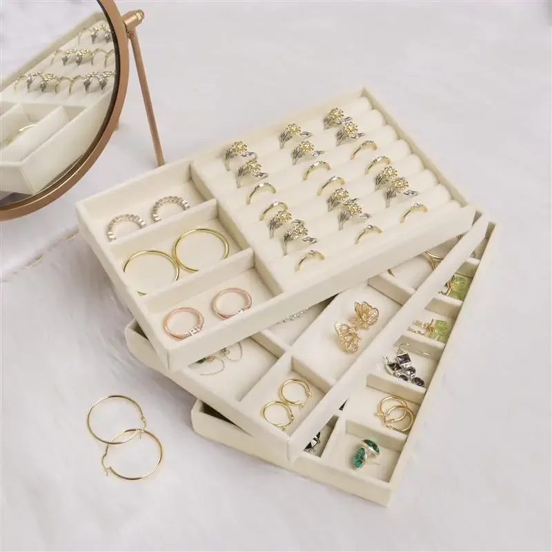 Upgrade Velvet Jewelry Storage Box Necklace Stackable Display Tray Bracelet Earring Organizers DIY Handicrafts Drawer Box Grey thumbnail 4