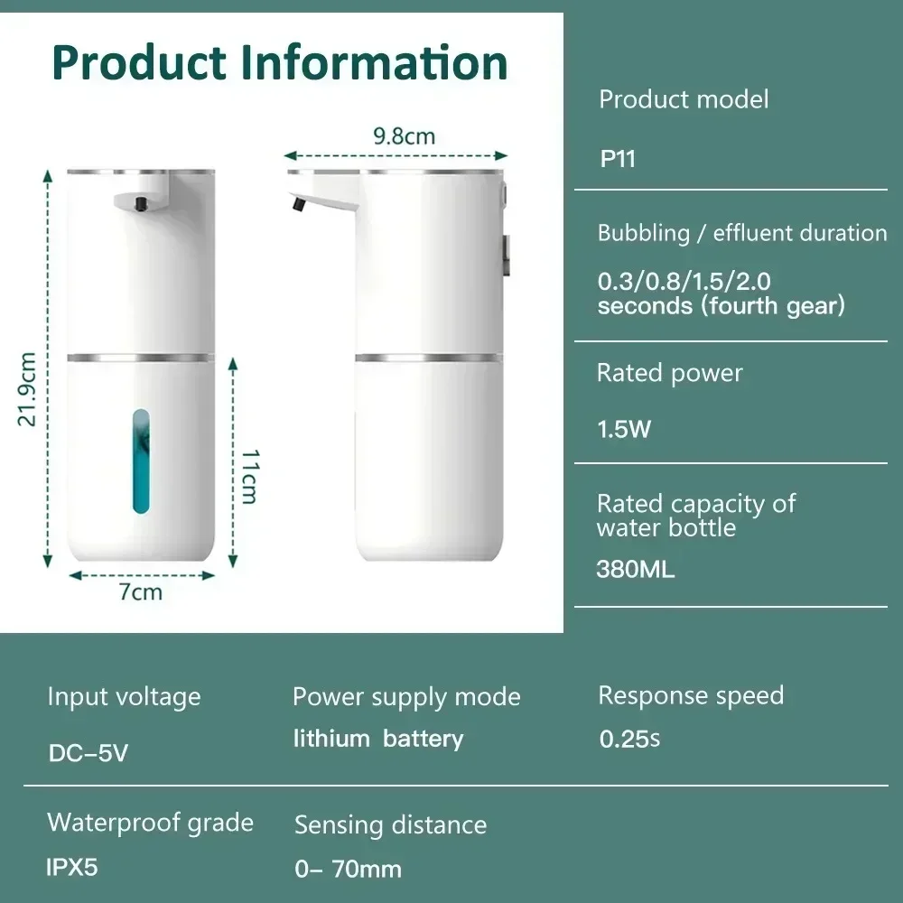 380ML Automatic Foam Soap P11 Dispenser Bathroom Smart Washing Hand Machine With USB Charging White ABS Material thumbnail 5