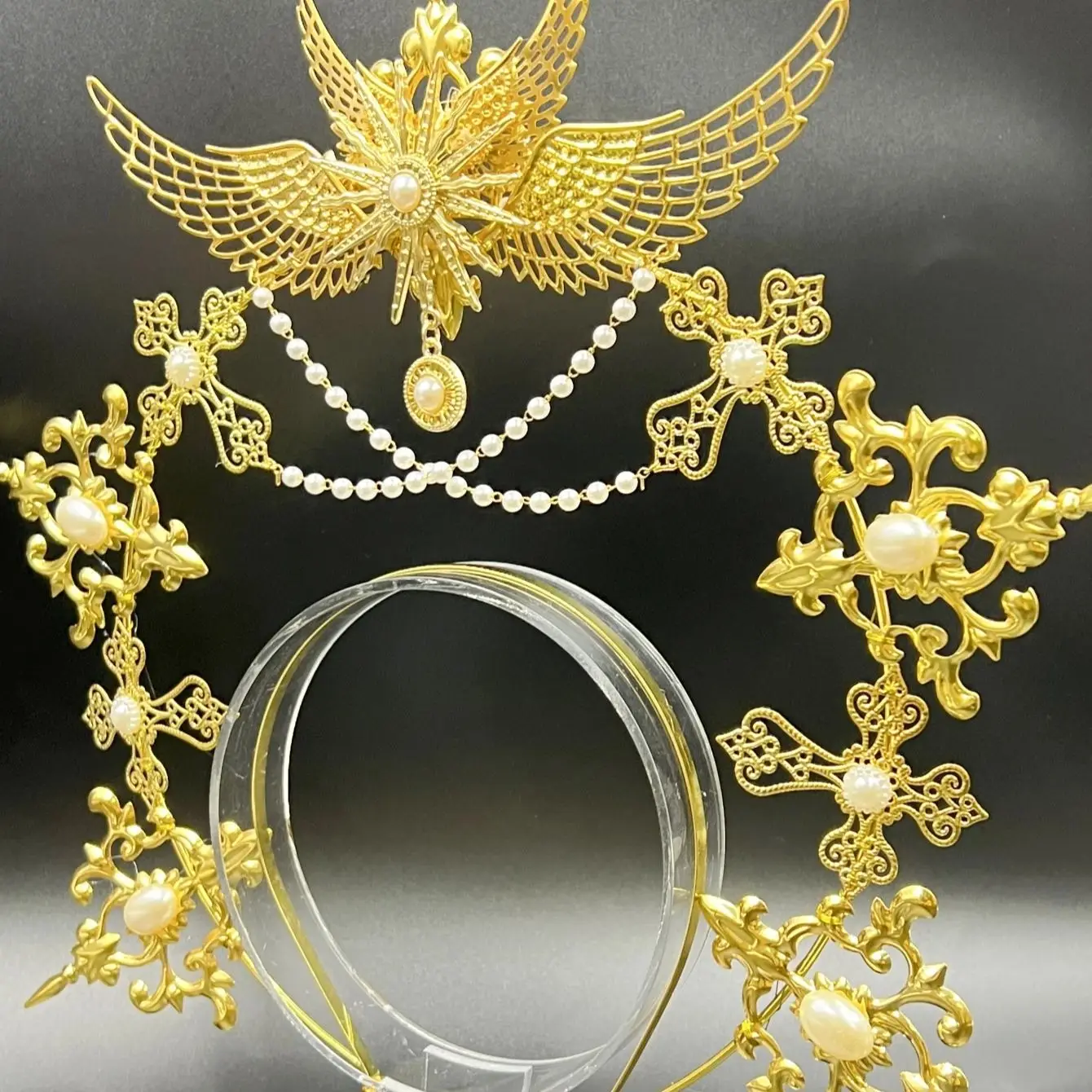 Gothic Lolita Faux Pearl Tiara, Halo Crown, Mary Goddess Headband, Cosplay Costume, Headpiece thumbnail 3