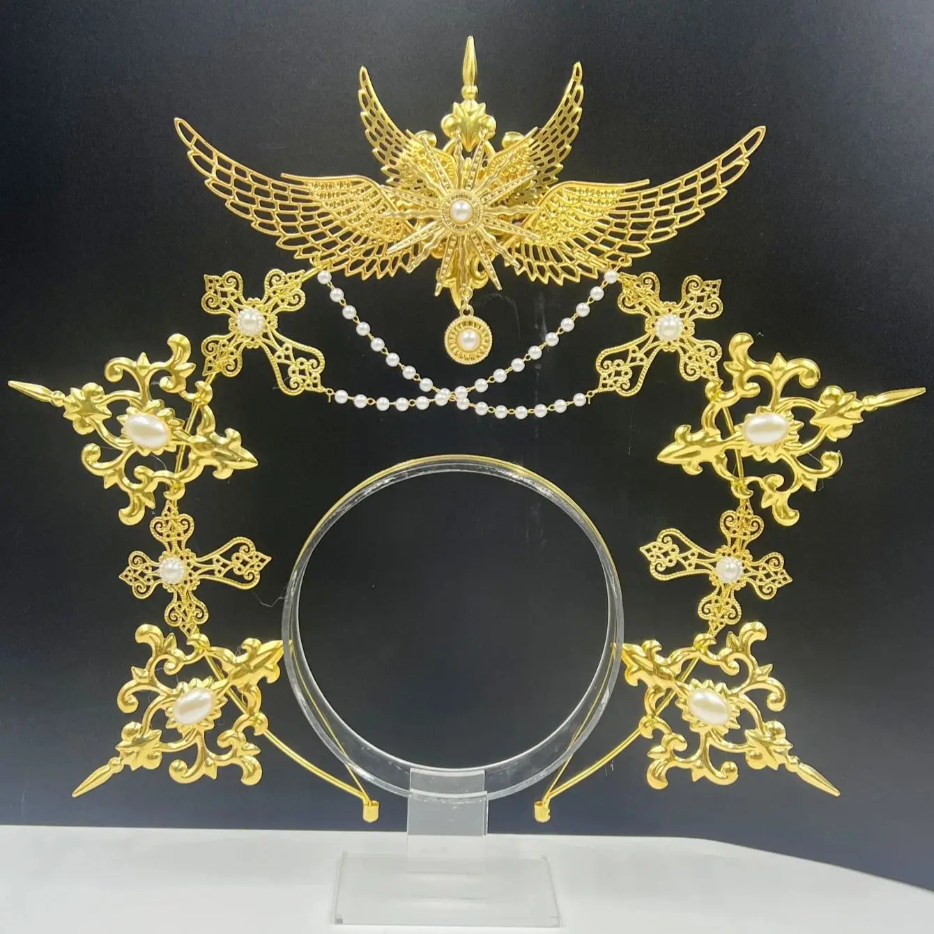 Gothic Lolita Faux Pearl Tiara, Halo Crown, Mary Goddess Headband, Cosplay Costume, Headpiece thumbnail 4