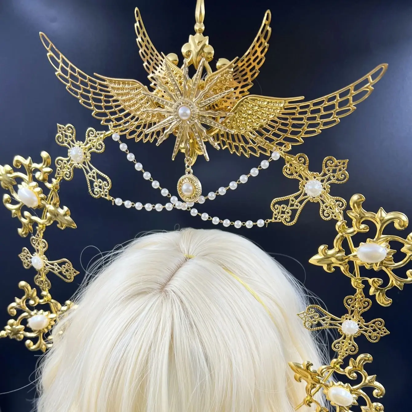 Gothic Lolita Faux Pearl Tiara, Halo Crown, Mary Goddess Headband, Cosplay Costume, Headpiece thumbnail 2