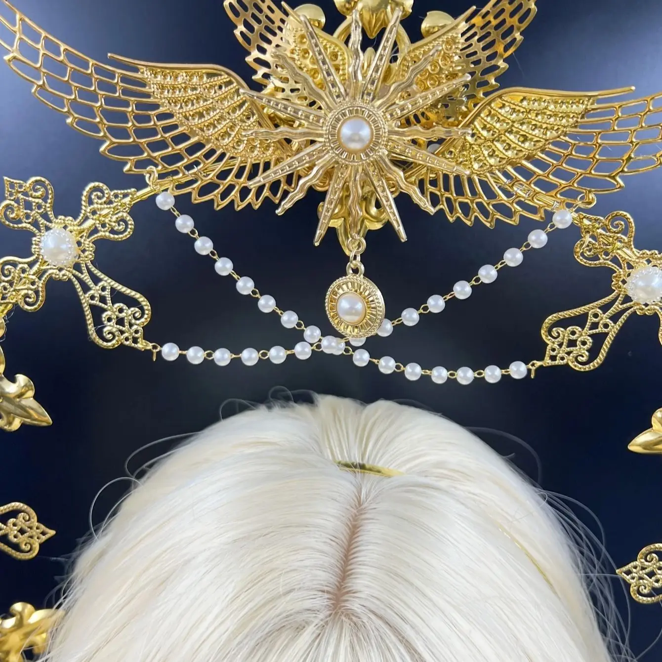 Gothic Lolita Faux Pearl Tiara, Halo Crown, Mary Goddess Headband, Cosplay Costume, Headpiece thumbnail 5