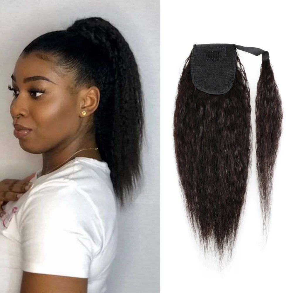 Kinky Straight Ponytaill Extensions Human Hair Wrap Around Clip in Ponytail Hair Extensions for Women Yaki Straight Hairpieces thumbnail 2