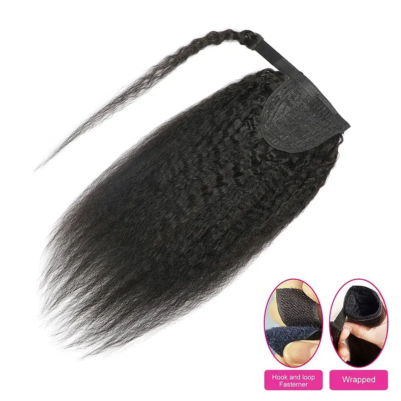 Kinky Straight Ponytaill Extensions Human Hair Wrap Around Clip in Ponytail Hair Extensions for Women Yaki Straight Hairpieces thumbnail 3