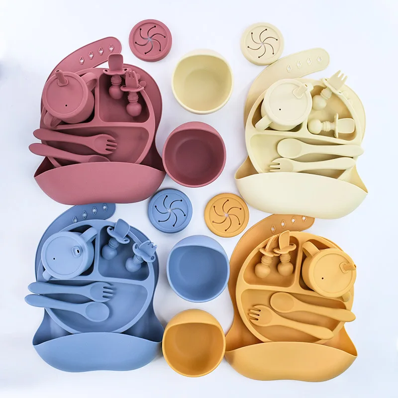 BPA Free Silicone Baby Feeding Set Sucker Bowl Dinning Plate Straw Cup Spoon Forks for Kids Baby Tableware Children Dishes thumbnail 3