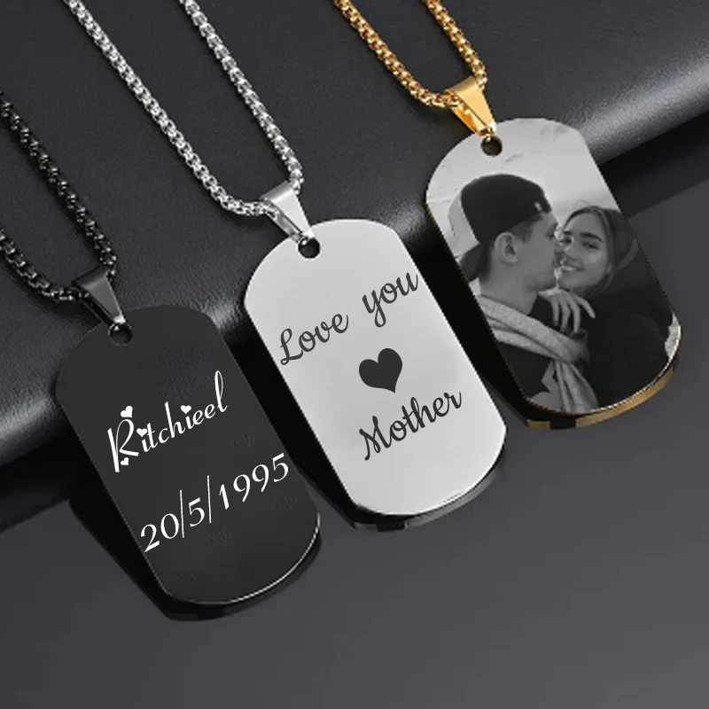 Stainless Steel Jewelry Mens Custom Engraved Name Photo Animal Necklace for Women Personalized Square Pendant Family Party Gift thumbnail 5