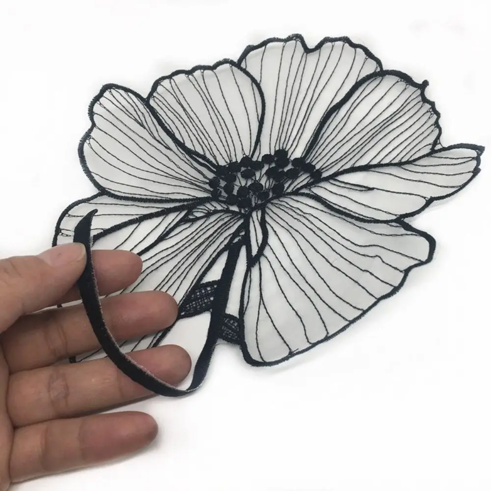 1pc black lotus flower embroidery Patches for clothing DIY sew on floral parches Embroidery lace appliques for shirts thumbnail 3
