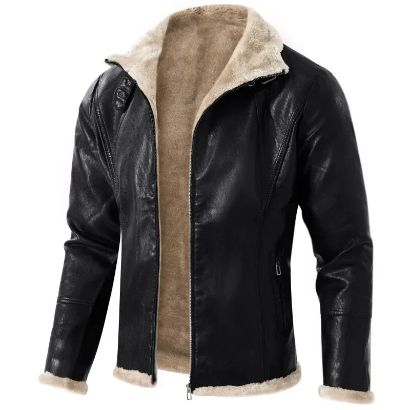 New Men Zipper Cardigan Plush Thermal Jacket Autumn Winter Faux Leather Jacket Men Long Sleeve Turn-down Collar Straight Jacket