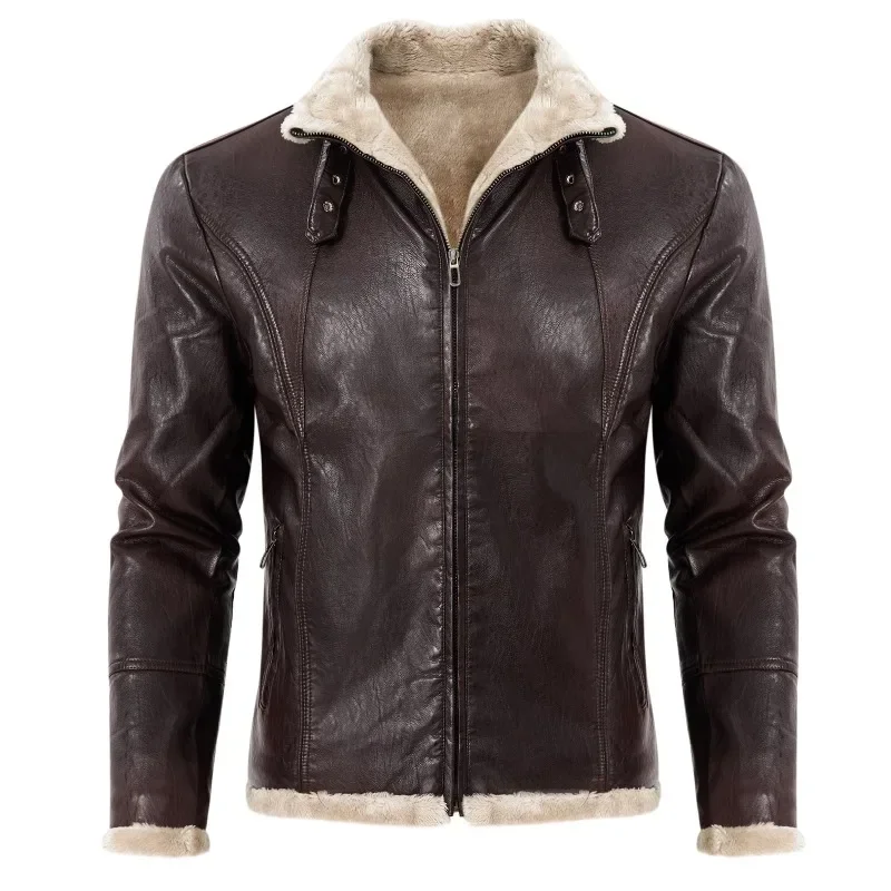 New Men Zipper Cardigan Plush Thermal Jacket Autumn Winter Faux Leather Jacket Men Long Sleeve Turn-down Collar Straight Jacket thumbnail 5