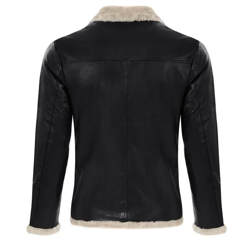 New Men Zipper Cardigan Plush Thermal Jacket Autumn Winter Faux Leather Jacket Men Long Sleeve Turn-down Collar Straight Jacket thumbnail 4