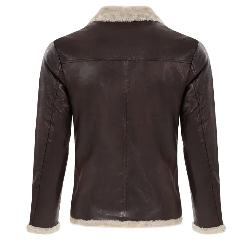 New Men Zipper Cardigan Plush Thermal Jacket Autumn Winter Faux Leather Jacket Men Long Sleeve Turn-down Collar Straight Jacket thumbnail 3