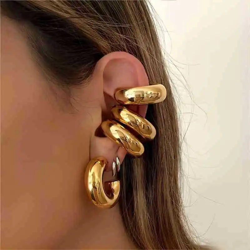 Classic Smooth Round Chunky Hoop Earrings for Women Gold Plated Stainless Steel C Shape Thick Circle Earrings Fashion Jewelry thumbnail 5