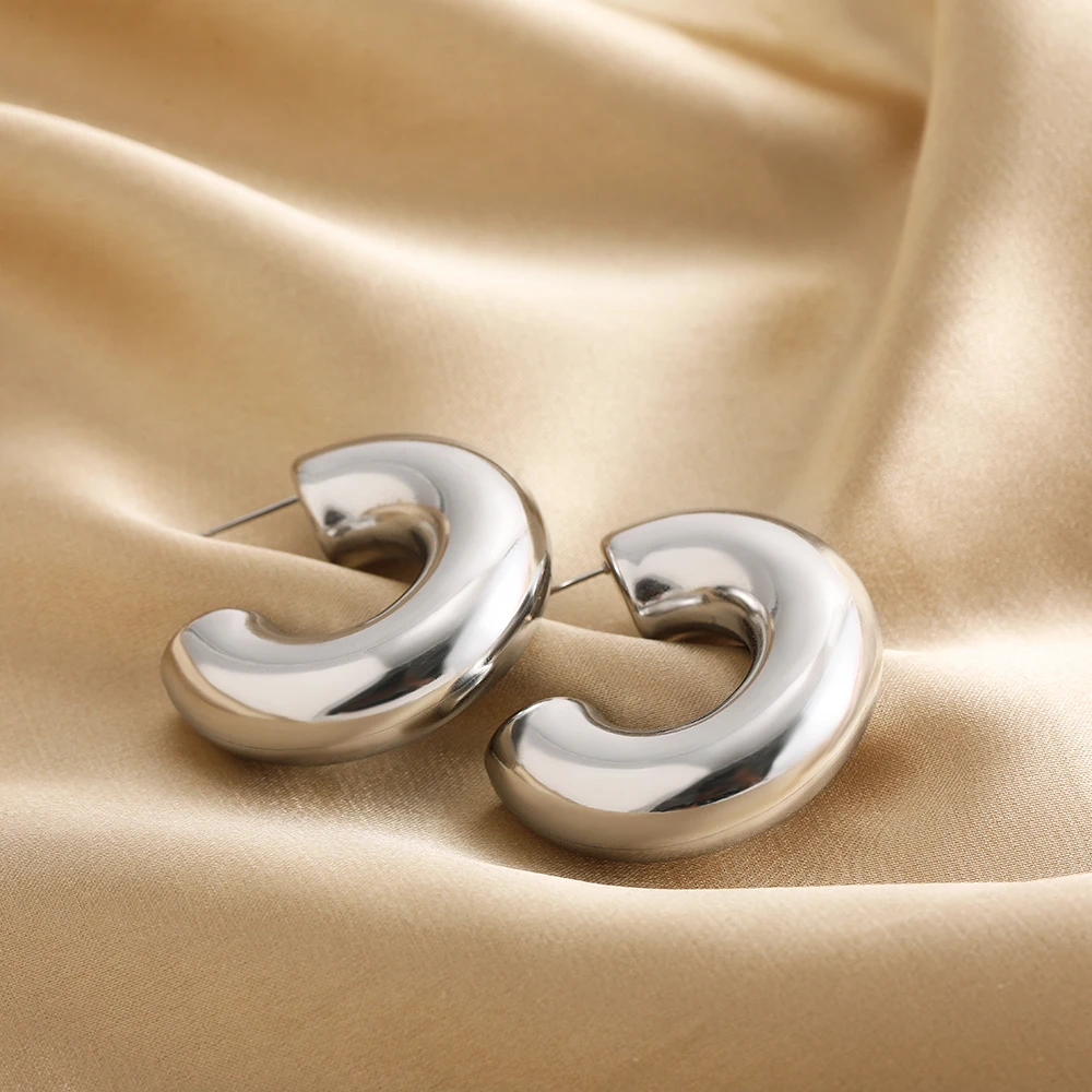 Classic Smooth Round Chunky Hoop Earrings for Women Gold Plated Stainless Steel C Shape Thick Circle Earrings Fashion Jewelry thumbnail 3