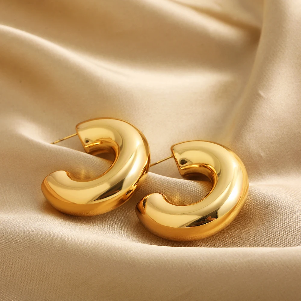 Classic Smooth Round Chunky Hoop Earrings for Women Gold Plated Stainless Steel C Shape Thick Circle Earrings Fashion Jewelry thumbnail 2