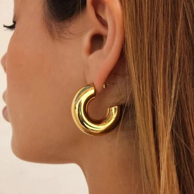 Classic Smooth Round Chunky Hoop Earrings for Women Gold Plated Stainless Steel C Shape Thick Circle Earrings Fashion Jewelry thumbnail 4