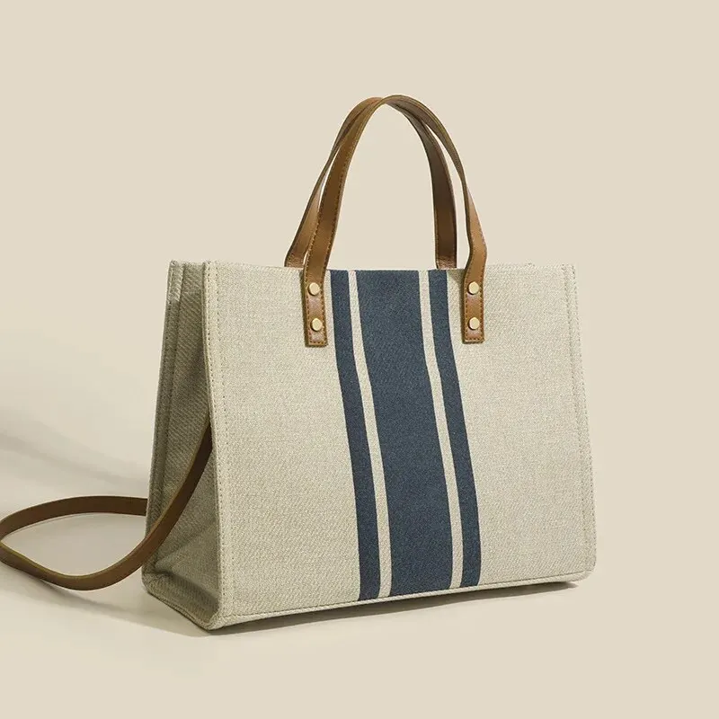 Simple Canvas Stripe Decor Bucket Handbags Women Top Handle Tote Bag Large Capacity Casual Shoulder Crossbody Bags thumbnail 5