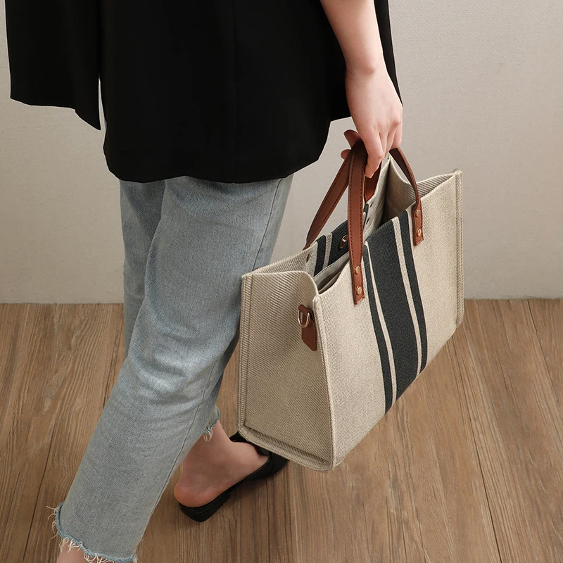 Simple Canvas Stripe Decor Bucket Handbags Women Top Handle Tote Bag Large Capacity Casual Shoulder Crossbody Bags thumbnail 3