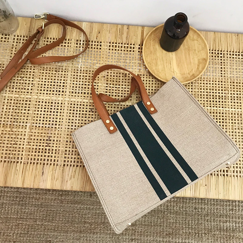 Simple Canvas Stripe Decor Bucket Handbags Women Top Handle Tote Bag Large Capacity Casual Shoulder Crossbody Bags thumbnail 4