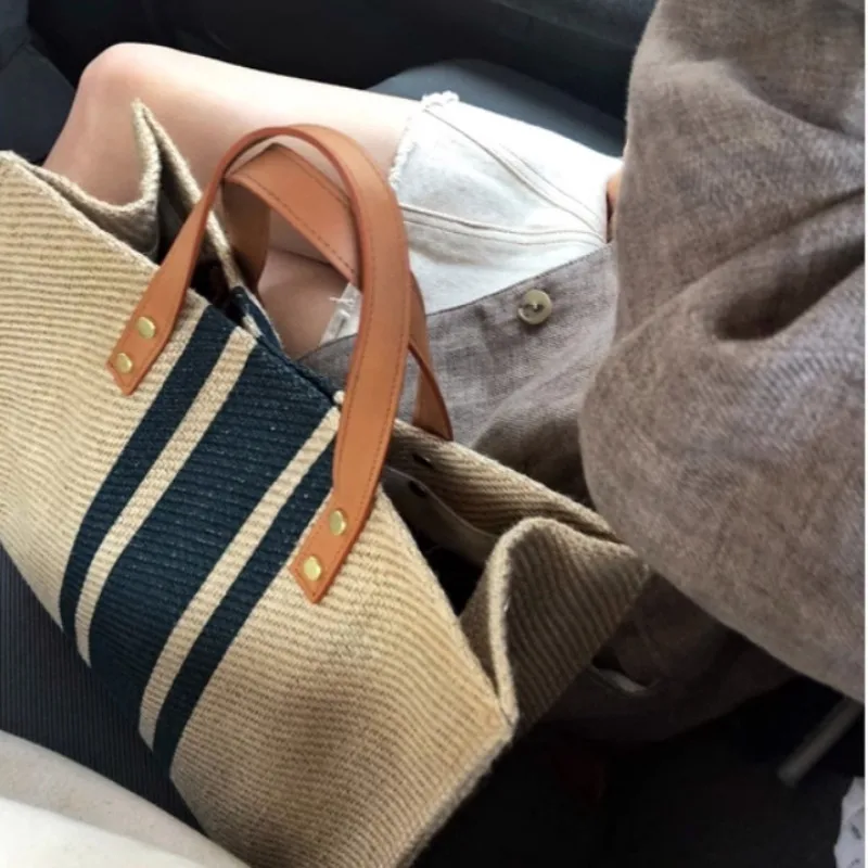 Simple Canvas Stripe Decor Bucket Handbags Women Top Handle Tote Bag Large Capacity Casual Shoulder Crossbody Bags thumbnail 2