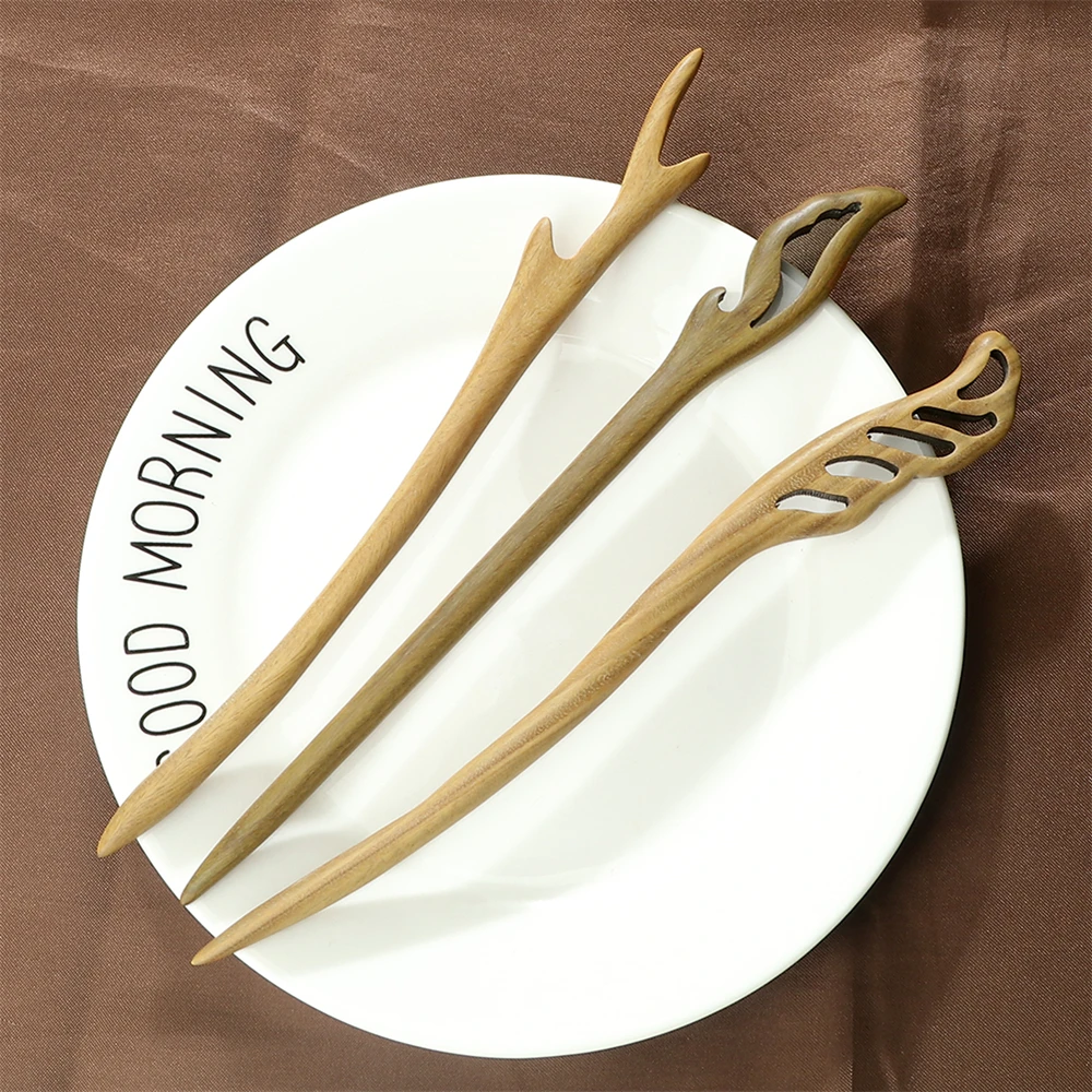 Vintage Hair Stick Natural Green Sandalwood Hairpin Women Girls Hair Clips Pins Antiquity Chinese Style Hair Accessories Jewelry thumbnail 5