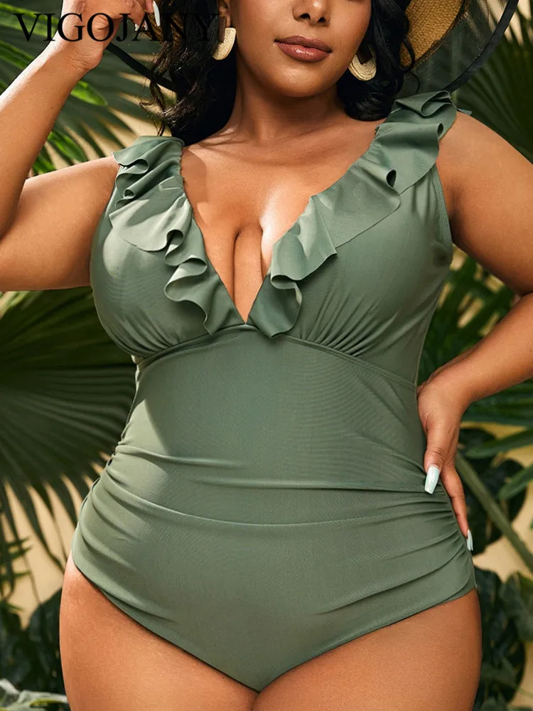 VigoJany 2026 Verge Strapped Plus Size Swimwear Women V Neck Beach One Piece Swimsuit Backless Summer Big Bathing Suit Beachwear