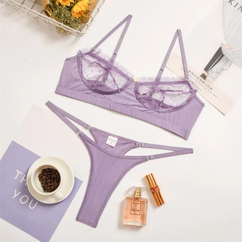 Ruffle Mesh Lace Lingerie 2 Piece Women Underwear Set Transparent Bras Panty Brief Sets White Sexy Lingerie Seamless Bra Set thumbnail 2