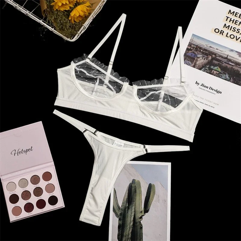 Ruffle Mesh Lace Lingerie 2 Piece Women Underwear Set Transparent Bras Panty Brief Sets White Sexy Lingerie Seamless Bra Set thumbnail 3