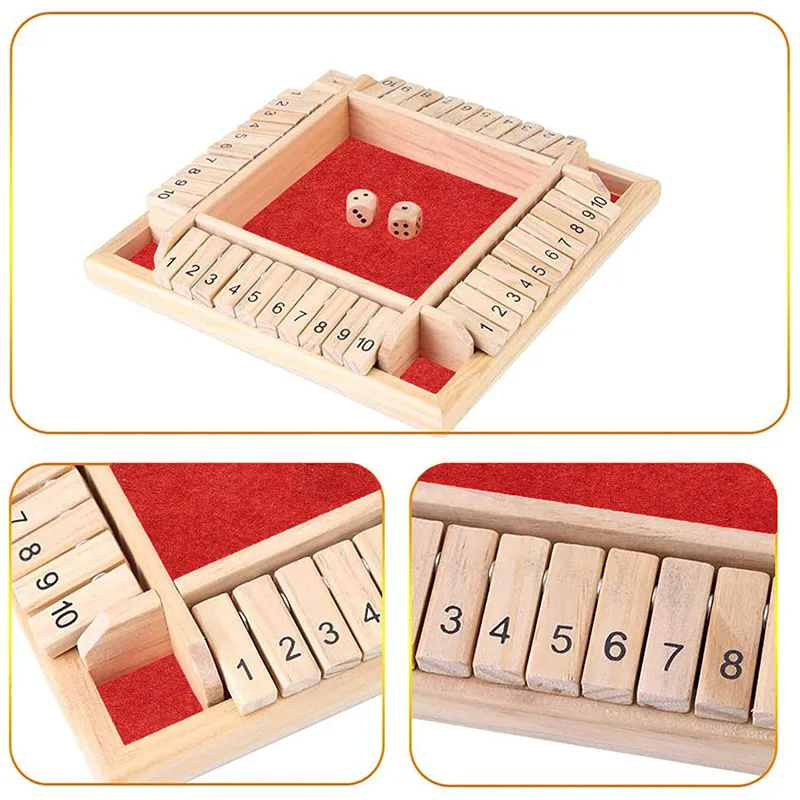 Deluxe Four Sided 10 Numbers Shut The Box Board Game Set Toy Dice Party Club Drinking Games for Adults Families thumbnail 4