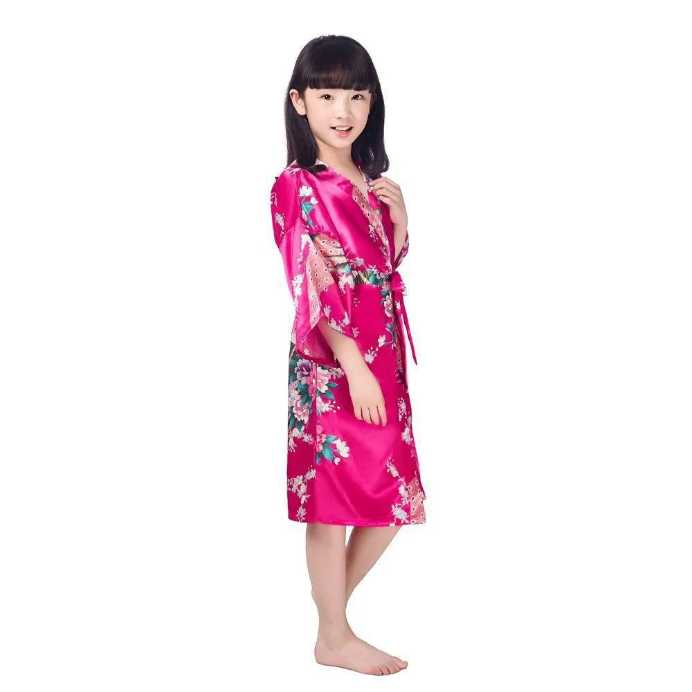 Kids Satin Floral Kimono Robe Flower Girl Peacock Bath Robes for Wedding Spa Party Gifts Bridal Lingerie Sleepwear Bathrobe thumbnail 5