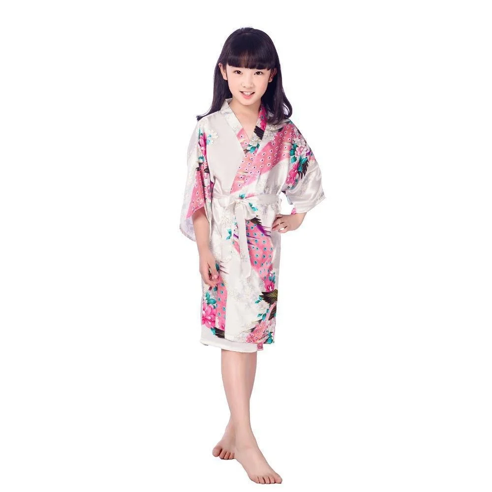 Kids Satin Floral Kimono Robe Flower Girl Peacock Bath Robes for Wedding Spa Party Gifts Bridal Lingerie Sleepwear Bathrobe thumbnail 3