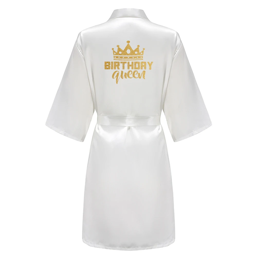 Birthday Party Queen Squad Robes Satin Pajamas Dressing Gown White Writing Kimono Rose Gold Bathrobe thumbnail 2