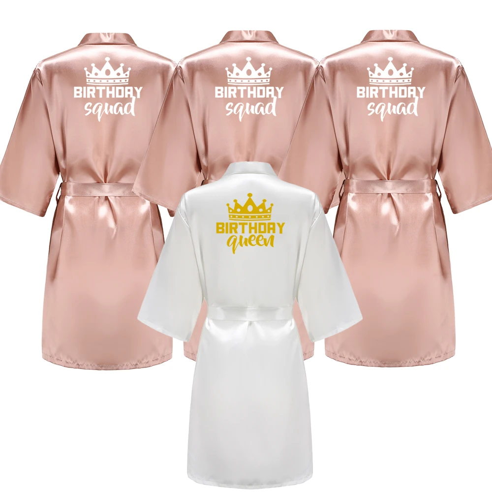 Birthday Party Queen Squad Robes Satin Pajamas Dressing Gown White Writing Kimono Rose Gold Bathrobe