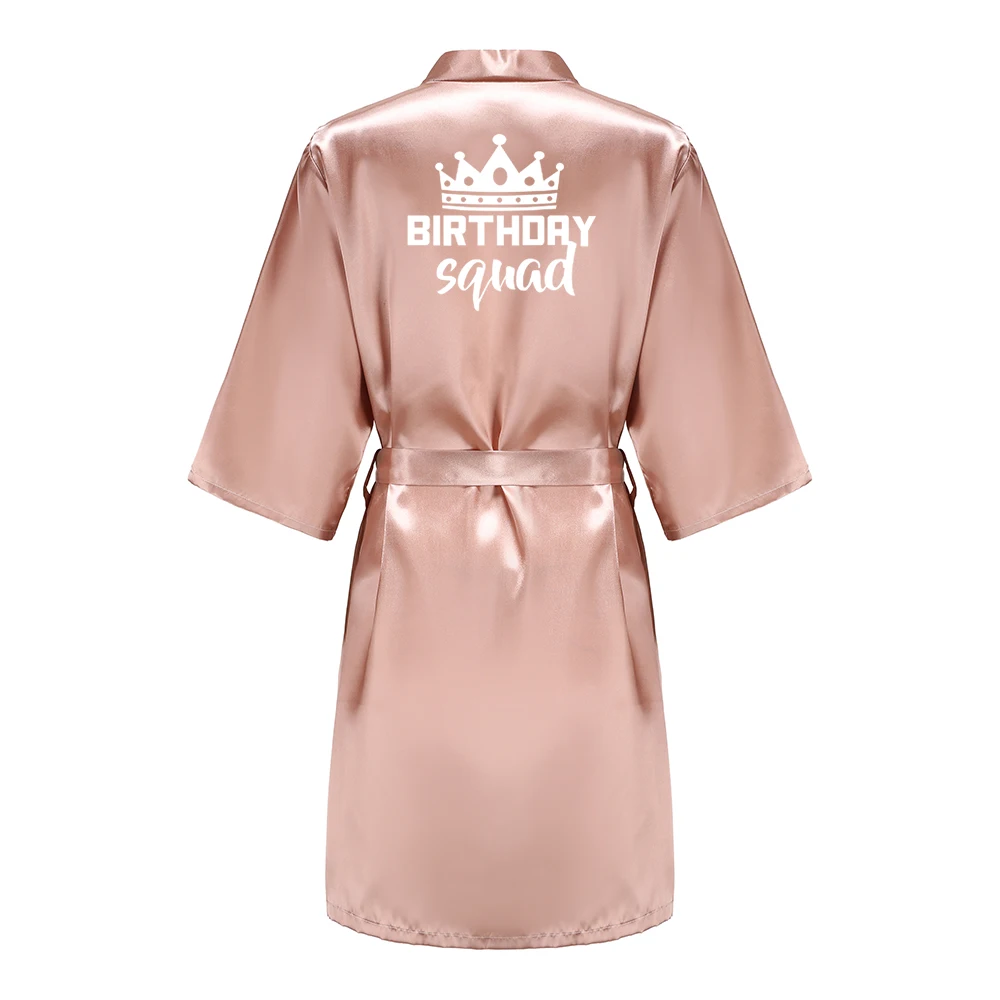Birthday Party Queen Squad Robes Satin Pajamas Dressing Gown White Writing Kimono Rose Gold Bathrobe thumbnail 3