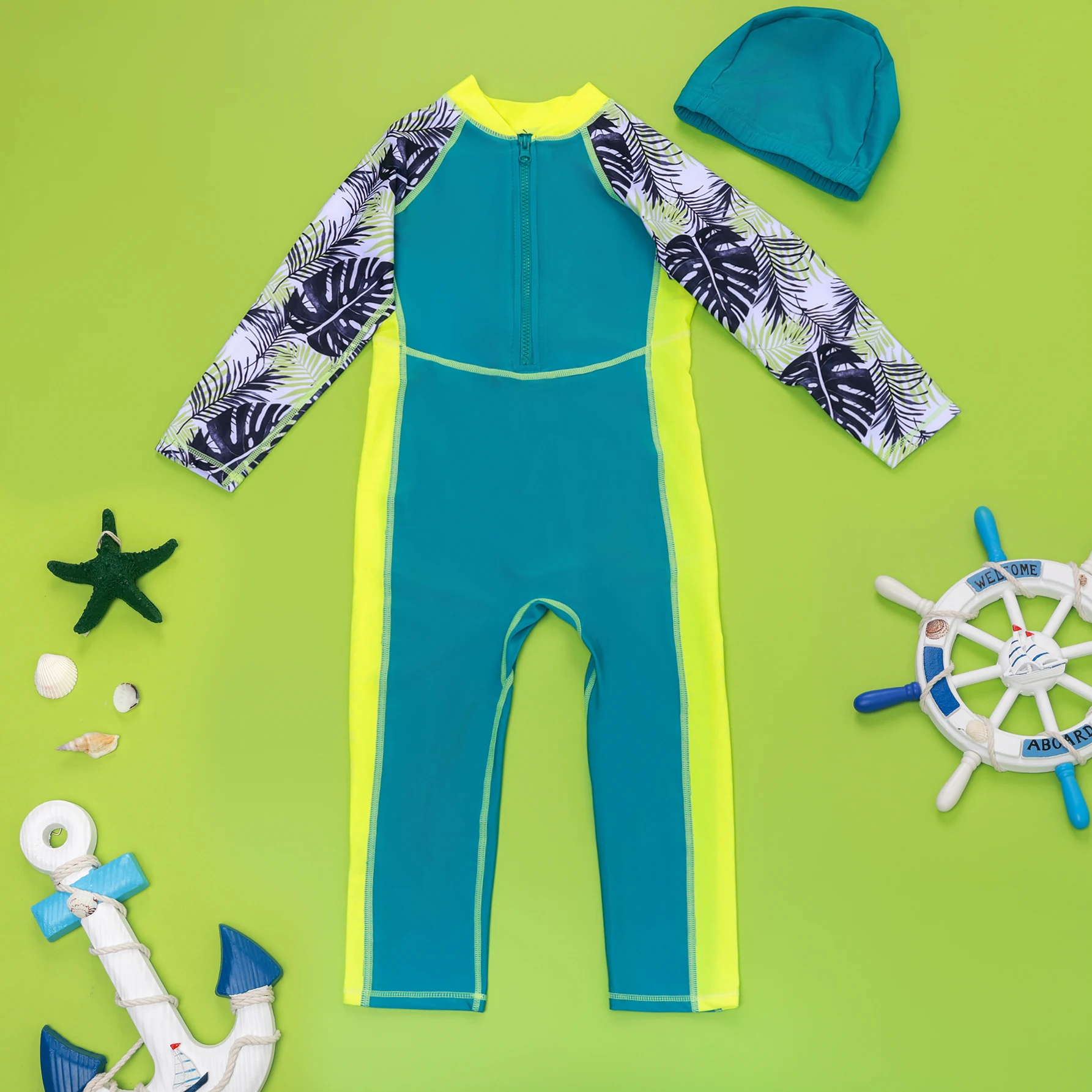 One-Piece Children Swimsuits Kid Swimwear Boys Long Sleeve Sun Protection (including swimming caps) thumbnail 2