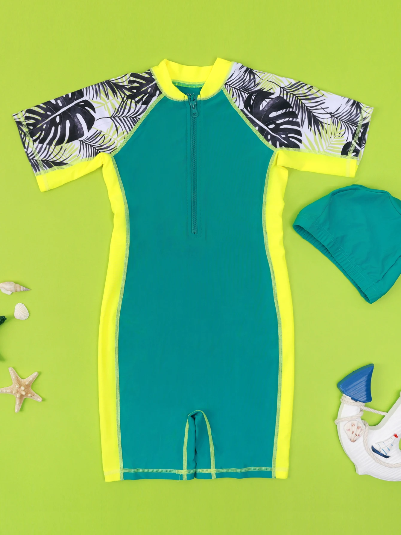 One-Piece Children Swimsuits Kid Swimwear Boys Long Sleeve Sun Protection (including swimming caps) thumbnail 3