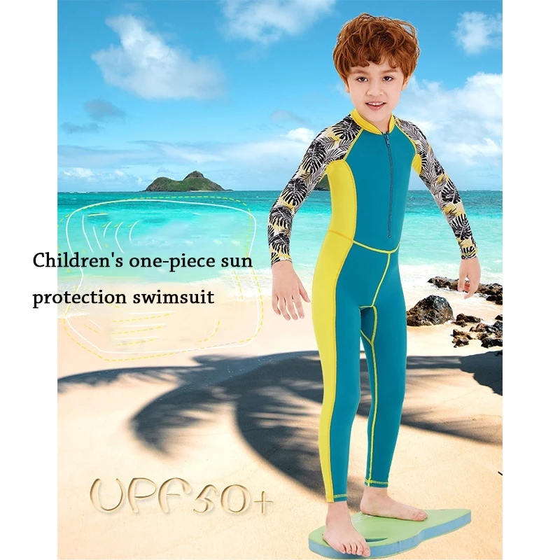 One-Piece Children Swimsuits Kid Swimwear Boys Long Sleeve Sun Protection (including swimming caps) thumbnail 5