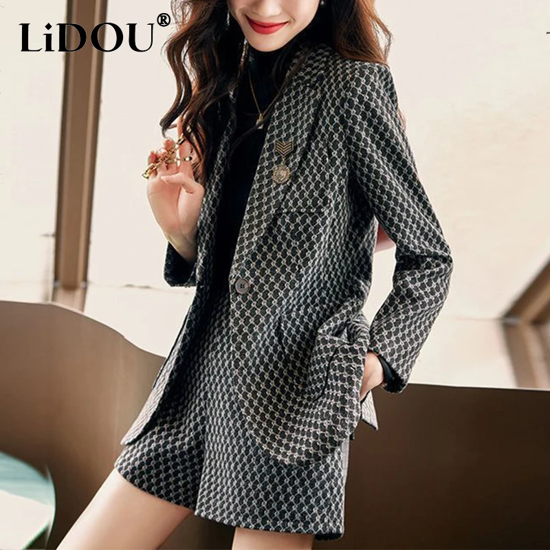 Autumn Winter Women's Elegant Fashion Printed Slim Blazers High Waist Shorts Set Ladies Long Sleeve Casual Coat Short Pants Suit