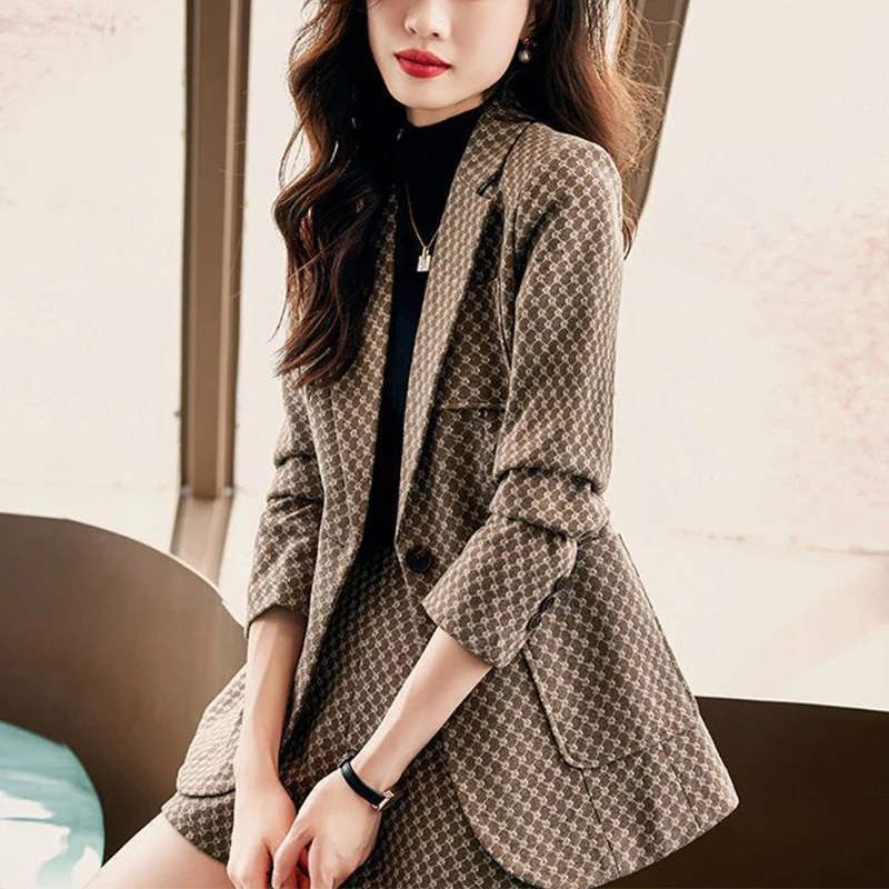 Autumn Winter Women's Elegant Fashion Printed Slim Blazers High Waist Shorts Set Ladies Long Sleeve Casual Coat Short Pants Suit thumbnail 3