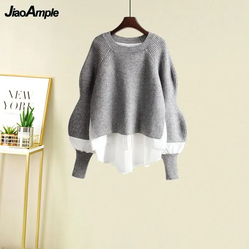 Women's Spring Autumn New Fashion Fake Two Piece Knit Sweater+Strap A-line Skirt Suit Korean Elegant Pullover Dress Matching Set thumbnail 4