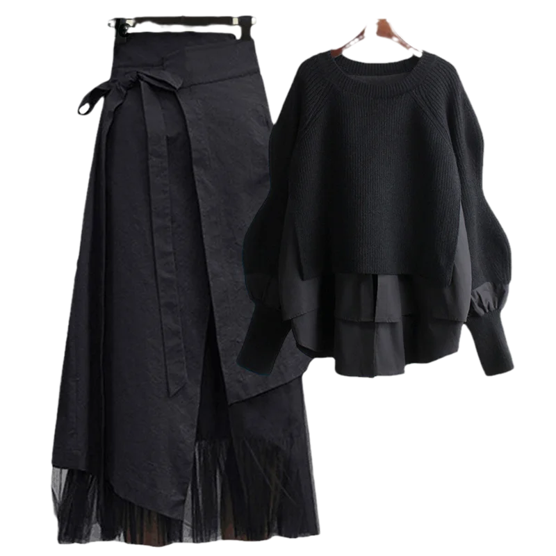 Women's Spring Autumn New Fashion Fake Two Piece Knit Sweater+Strap A-line Skirt Suit Korean Elegant Pullover Dress Matching Set thumbnail 5