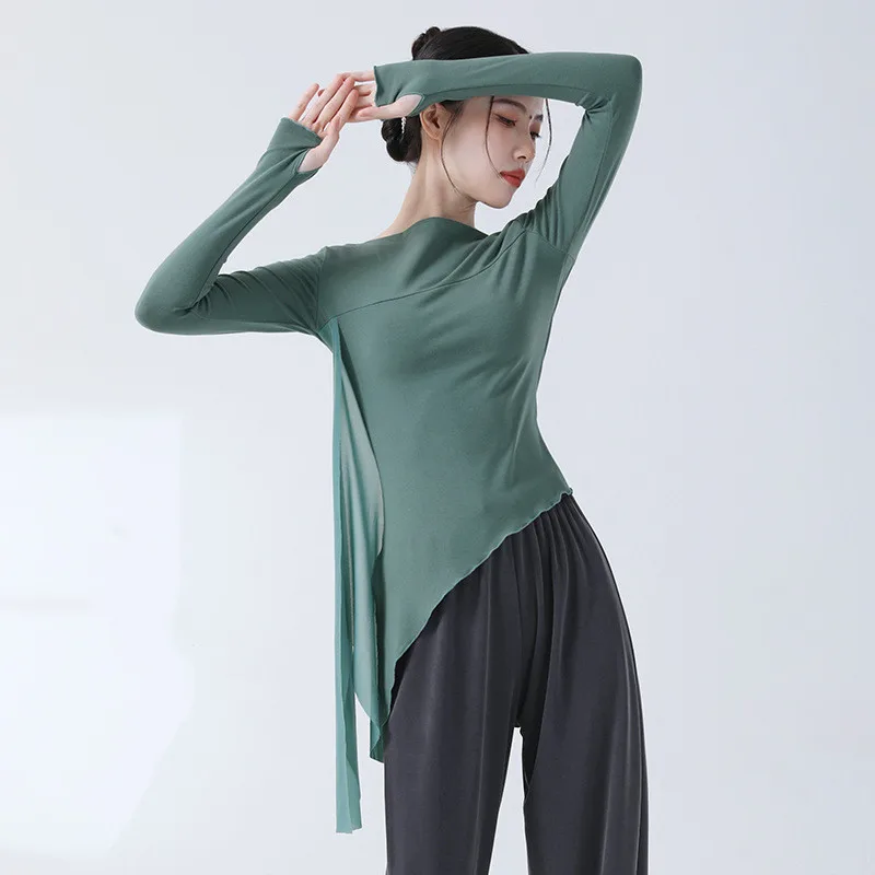 Classical Dance Practice Clothes Finger Sleeve Side Split Tulle Design Chinese Style Casual Wear Chic Stage Performance Costume thumbnail 5