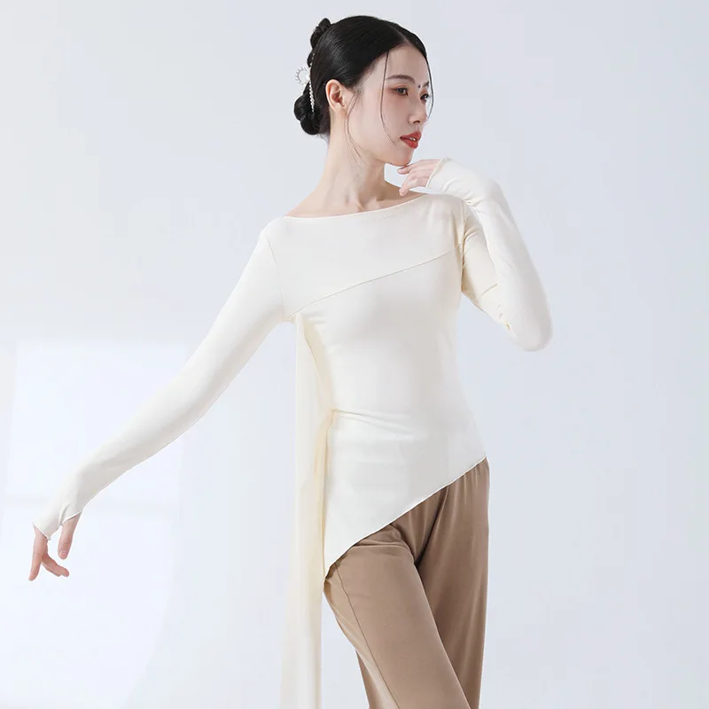 Classical Dance Practice Clothes Finger Sleeve Side Split Tulle Design Chinese Style Casual Wear Chic Stage Performance Costume thumbnail 2