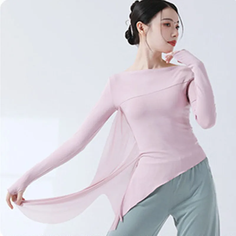 Classical Dance Practice Clothes Finger Sleeve Side Split Tulle Design Chinese Style Casual Wear Chic Stage Performance Costume thumbnail 6