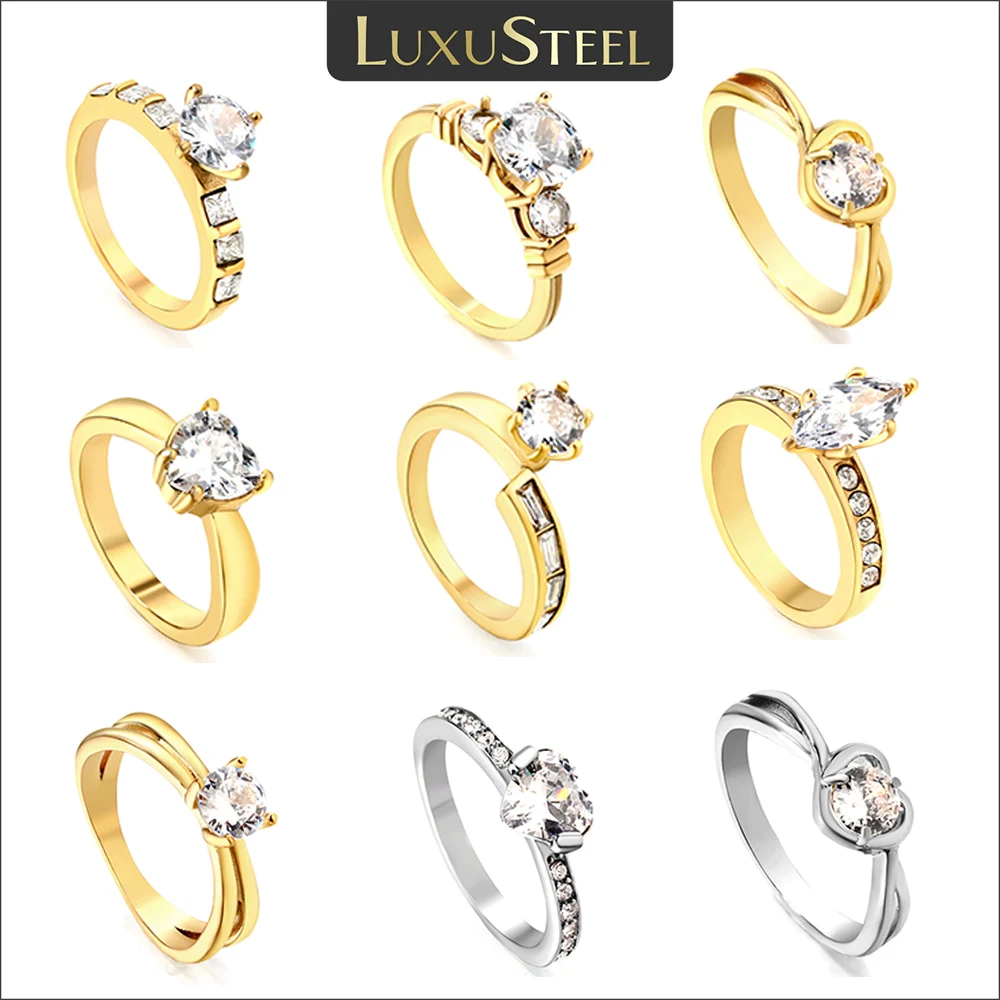 LUXUSTEEL Exquisite Sparkling AAA White Cubic Zircon Stone Rings For Women 316L Stainless Steel Luxury Crystal Wedding Jewerly