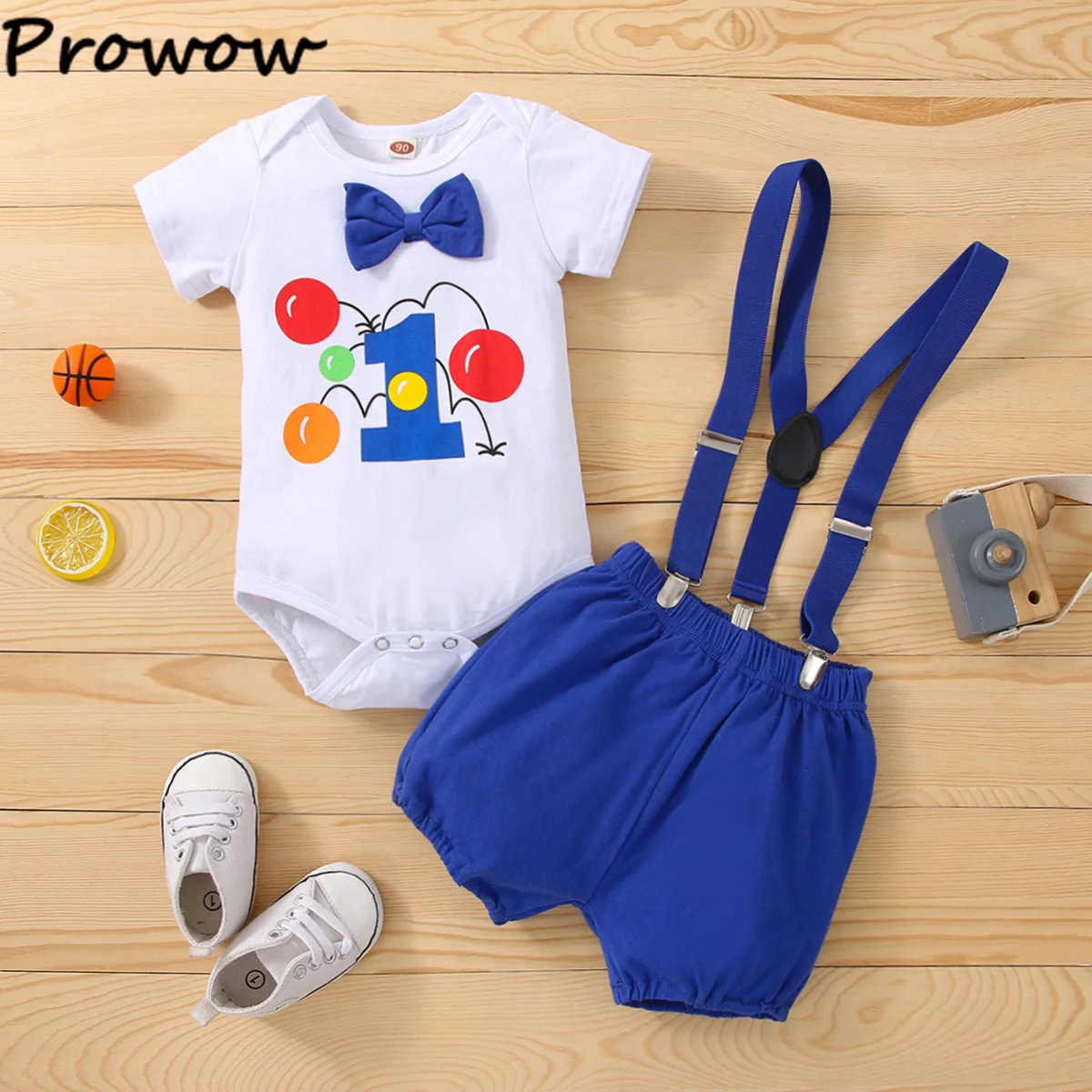 Baby Boys Birthday Outfits Sets Balloon Letter"1" Bodysuit and Y-back Suspender Shorts 1 Year Birthday Baby Cake Smash Clothes thumbnail 5