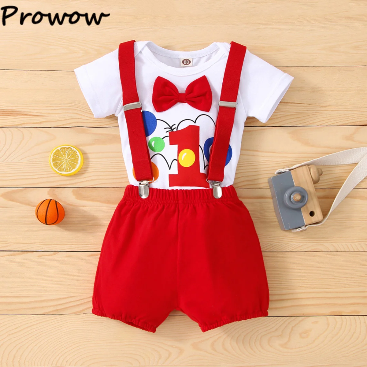 Baby Boys Birthday Outfits Sets Balloon Letter"1" Bodysuit and Y-back Suspender Shorts 1 Year Birthday Baby Cake Smash Clothes thumbnail 2