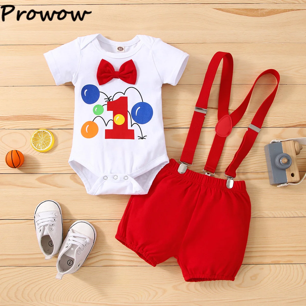 Baby Boys Birthday Outfits Sets Balloon Letter"1" Bodysuit and Y-back Suspender Shorts 1 Year Birthday Baby Cake Smash Clothes thumbnail 3