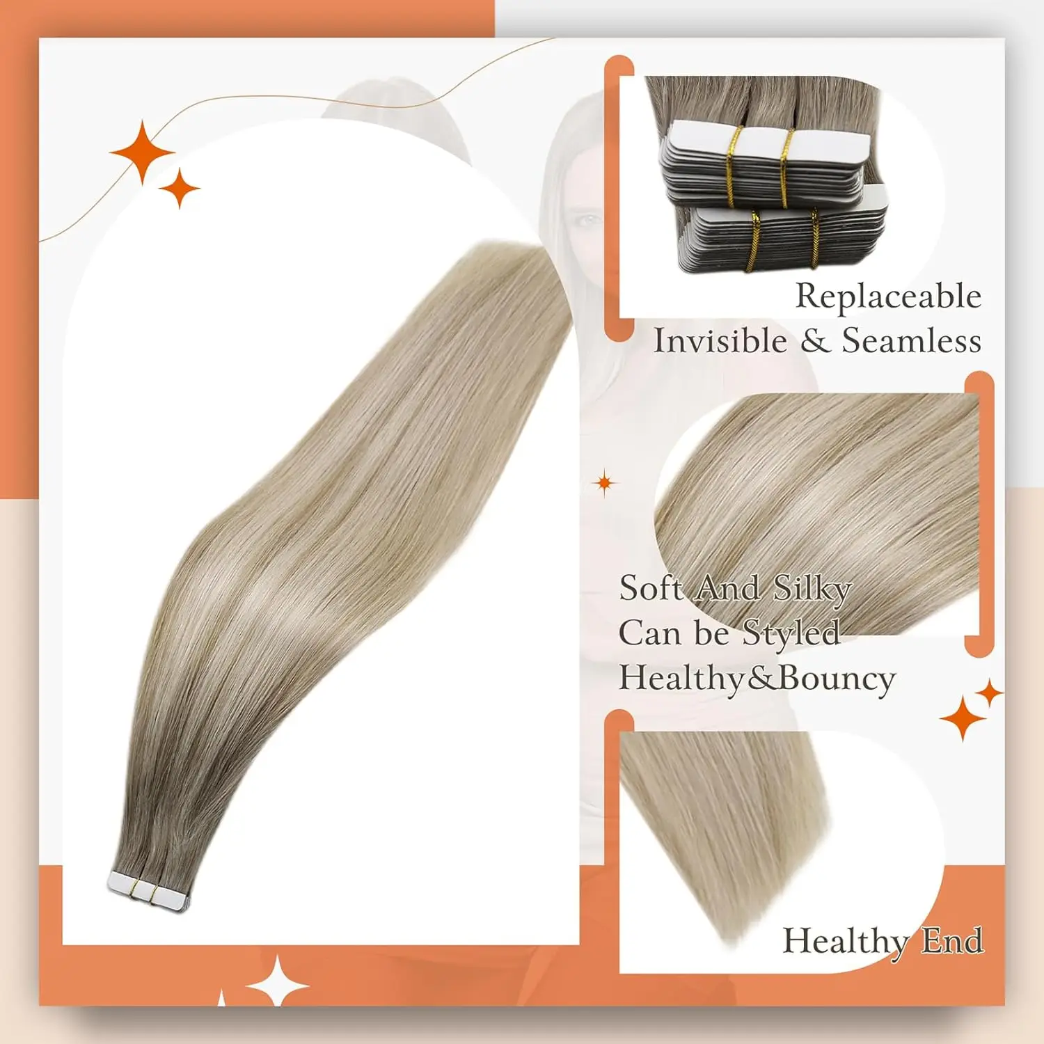 Full Shine Tape In Human Hair Extensions Balayage Blonde Color Omber 100% Human Hair Skin Weft Glue On Seamless  Remy  Hair thumbnail 2